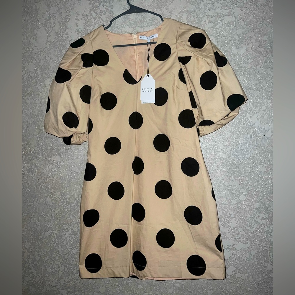 Polka Dot Dress - Large - English Factory - Cream and Black Puff Sleeve